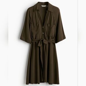 H&M Olive Button-Down Dress with Tie Waist